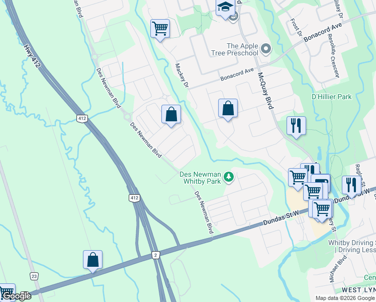 map of restaurants, bars, coffee shops, grocery stores, and more near 13 Kilmarnock Crescent in Whitby