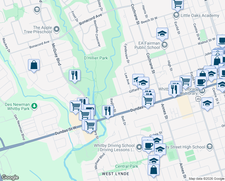 map of restaurants, bars, coffee shops, grocery stores, and more near in Whitby