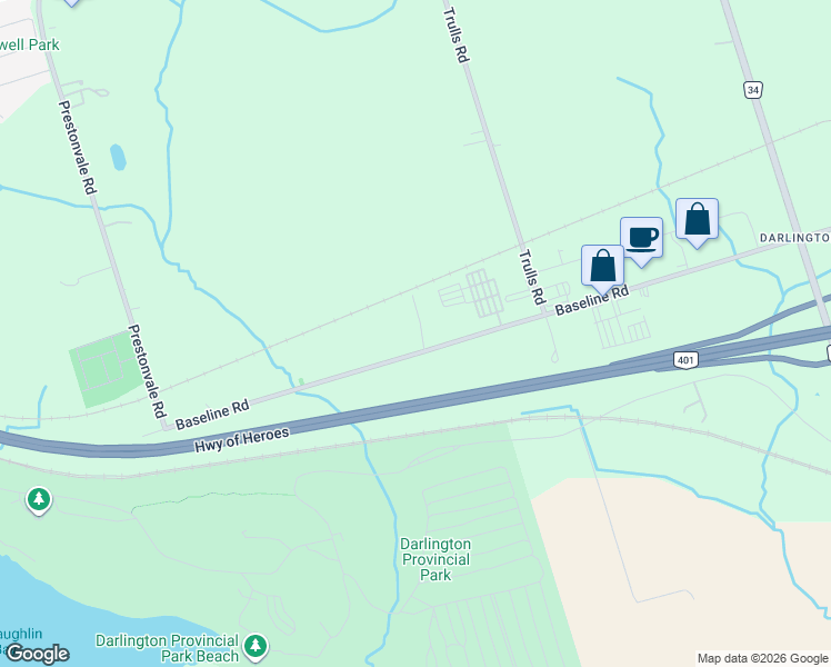 map of restaurants, bars, coffee shops, grocery stores, and more near 1608 Baseline Road West in Courtice