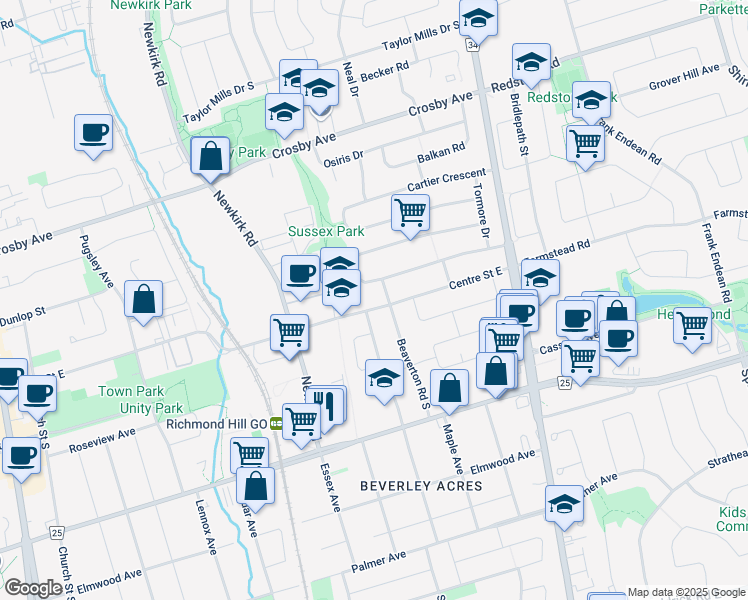 map of restaurants, bars, coffee shops, grocery stores, and more near 11 Sussex Avenue in Richmond Hill