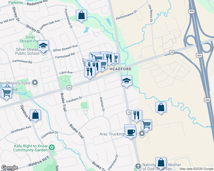 map of restaurants, bars, coffee shops, grocery stores, and more near 102 Giardina Crescent in Richmond Hill