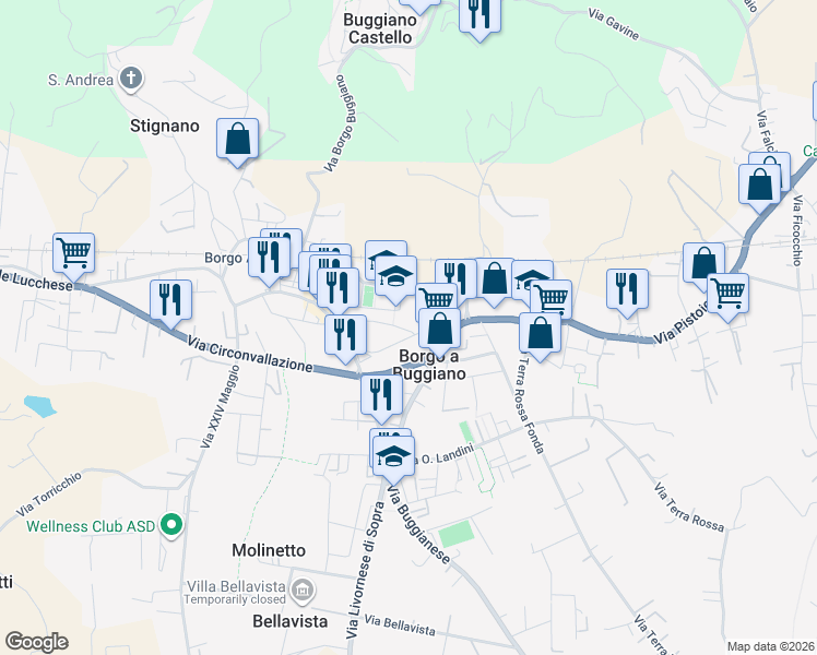 map of restaurants, bars, coffee shops, grocery stores, and more near 61 Piazza Aldo Moro in Borgo A Buggiano