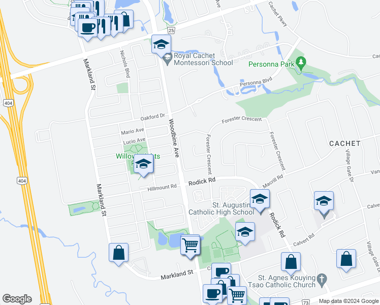 map of restaurants, bars, coffee shops, grocery stores, and more near 16 Schooner Court in Markham