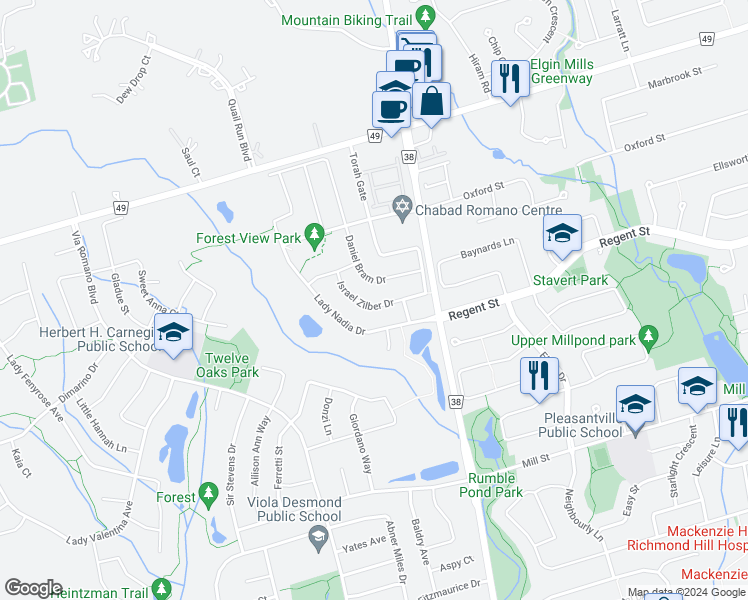 map of restaurants, bars, coffee shops, grocery stores, and more near 192 Israel Zilber Drive in Vaughan
