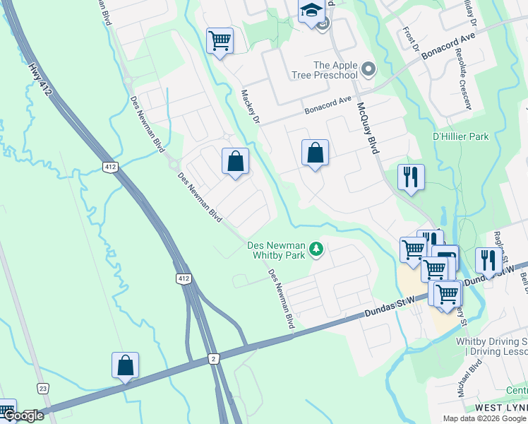 map of restaurants, bars, coffee shops, grocery stores, and more near 32 Westfield Drive in Whitby