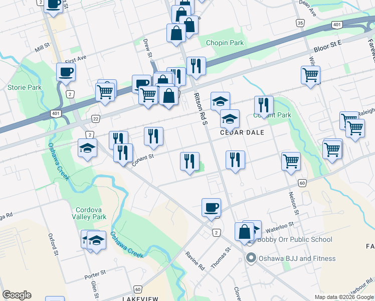 map of restaurants, bars, coffee shops, grocery stores, and more near 213 Conant Street in Oshawa