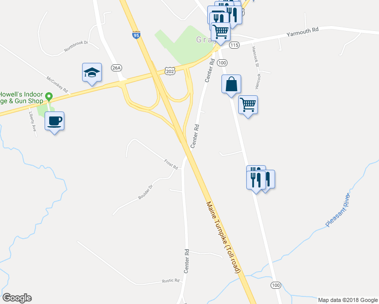 map of restaurants, bars, coffee shops, grocery stores, and more near Maine Turnpike in Gray