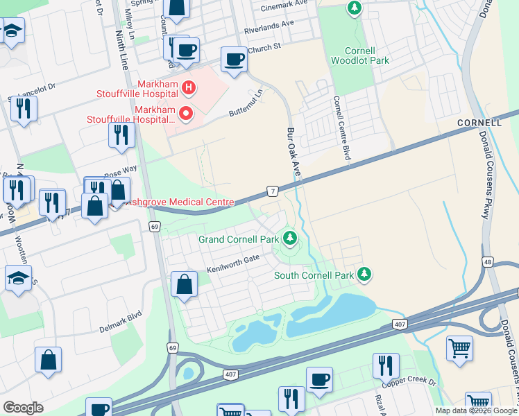 map of restaurants, bars, coffee shops, grocery stores, and more near 2 Westmeath Lane in Markham