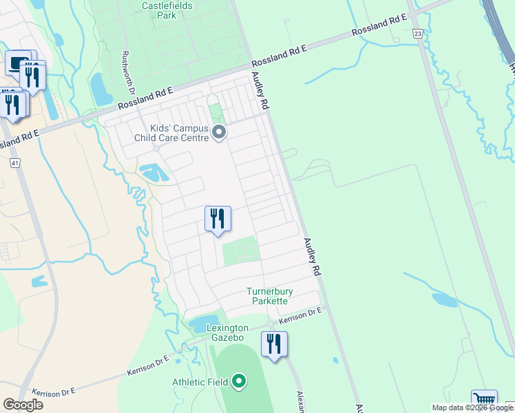 map of restaurants, bars, coffee shops, grocery stores, and more near 95 Ainley Road in Ajax
