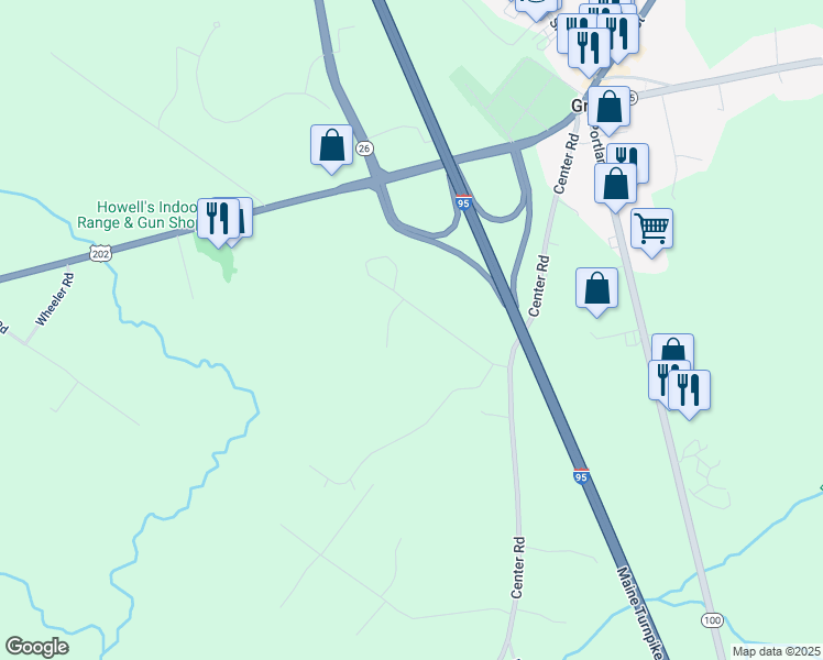map of restaurants, bars, coffee shops, grocery stores, and more near 15 Frost Road in Gray