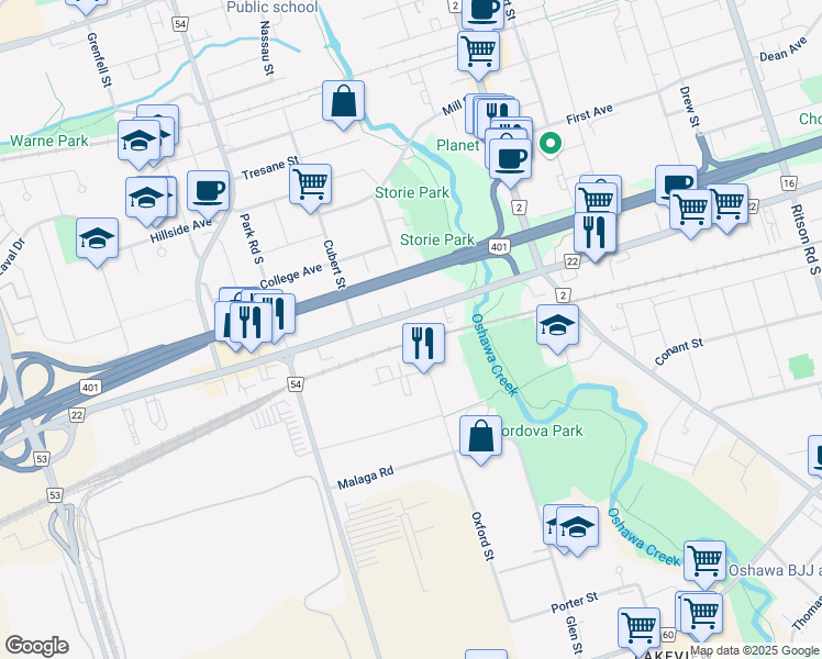 map of restaurants, bars, coffee shops, grocery stores, and more near 134 Bloor Street West in Oshawa