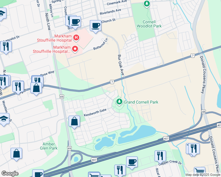 map of restaurants, bars, coffee shops, grocery stores, and more near 1 Gable Hurst Way in Markham