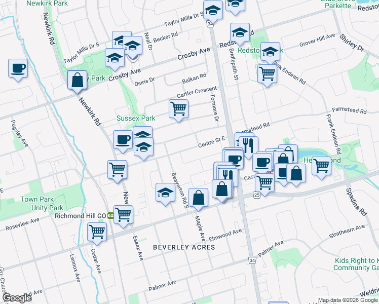 map of restaurants, bars, coffee shops, grocery stores, and more near 394 Centre Street East in Richmond Hill