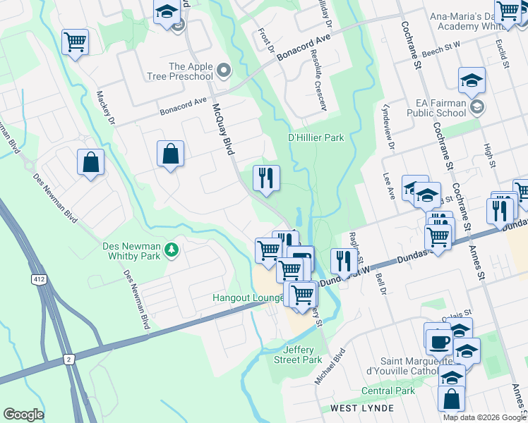 map of restaurants, bars, coffee shops, grocery stores, and more near 116 McQuay Boulevard in Whitby