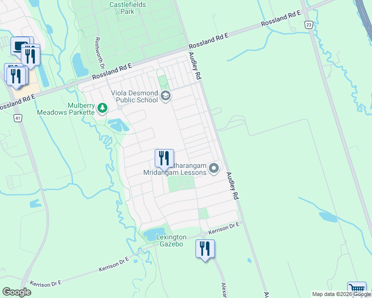 map of restaurants, bars, coffee shops, grocery stores, and more near Turnerbury Avenue in Ajax