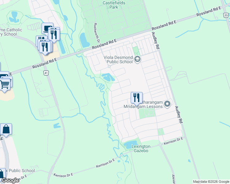 map of restaurants, bars, coffee shops, grocery stores, and more near 100 Westgate Avenue in Ajax