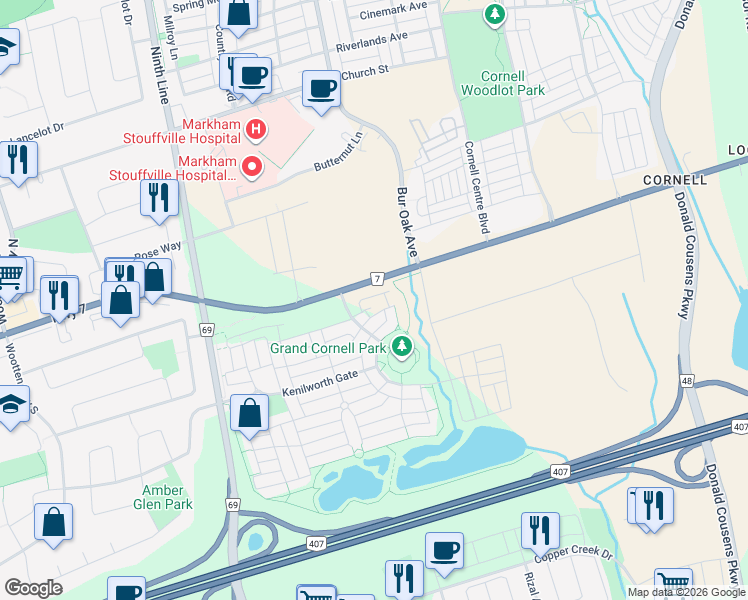map of restaurants, bars, coffee shops, grocery stores, and more near 21 Westmeath Lane in Markham