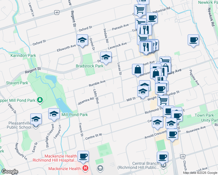 map of restaurants, bars, coffee shops, grocery stores, and more near 135 Golf Club Court in Richmond Hill