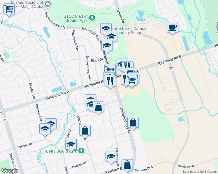 map of restaurants, bars, coffee shops, grocery stores, and more near 1 Rossland Road West in Ajax