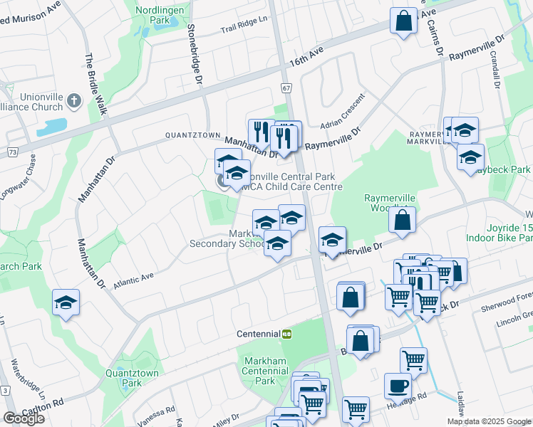 map of restaurants, bars, coffee shops, grocery stores, and more near 22 Havagal Crescent in Markham