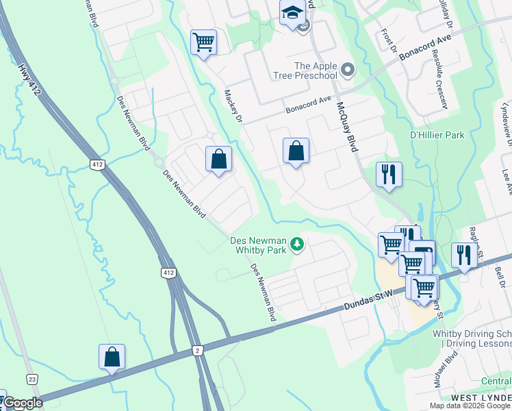 map of restaurants, bars, coffee shops, grocery stores, and more near 35 Westfield Drive in Whitby