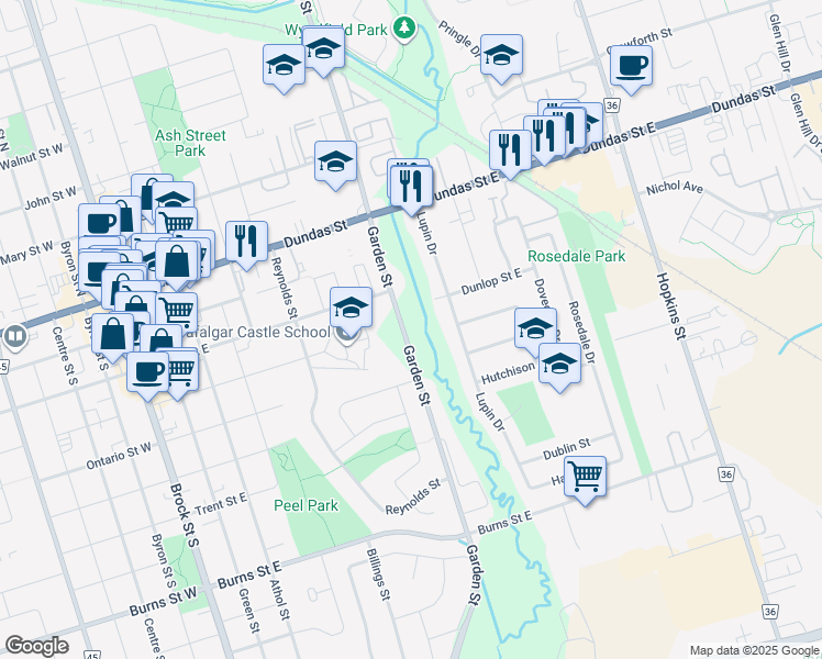 map of restaurants, bars, coffee shops, grocery stores, and more near in Whitby