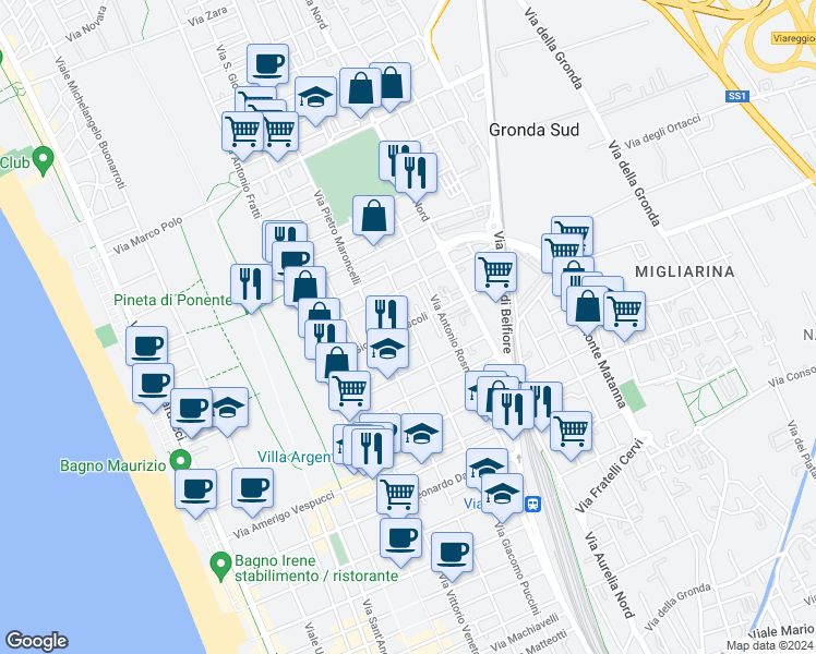 map of restaurants, bars, coffee shops, grocery stores, and more near 60 Via Giovanni Pascoli in Viareggio