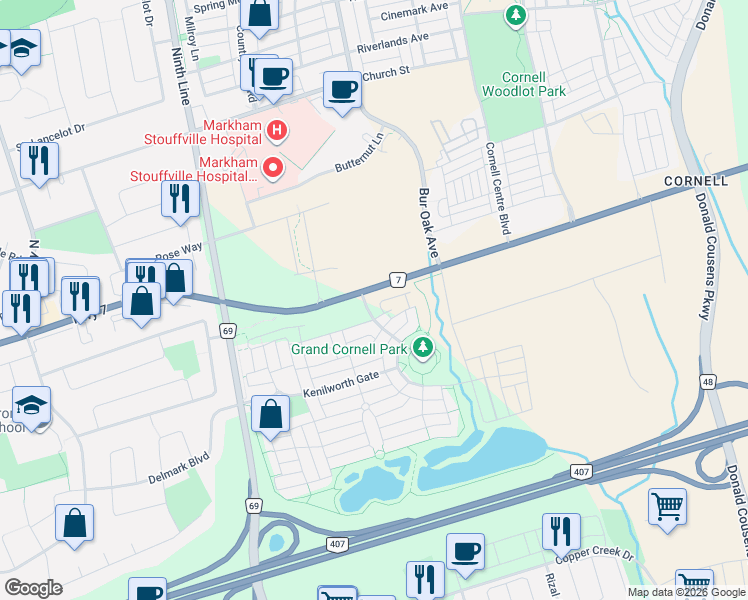 map of restaurants, bars, coffee shops, grocery stores, and more near 10 Westmeath Lane in Markham
