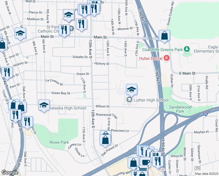 map of restaurants, bars, coffee shops, grocery stores, and more near 1301 Greenbay Street in Onalaska