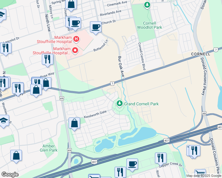 map of restaurants, bars, coffee shops, grocery stores, and more near 30 Westmeath Lane in Markham