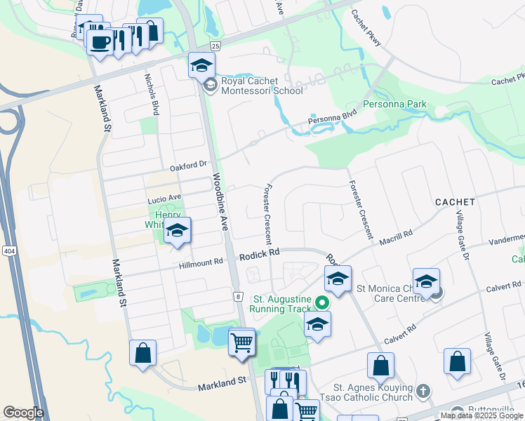 map of restaurants, bars, coffee shops, grocery stores, and more near 1 Schooner Court in Markham