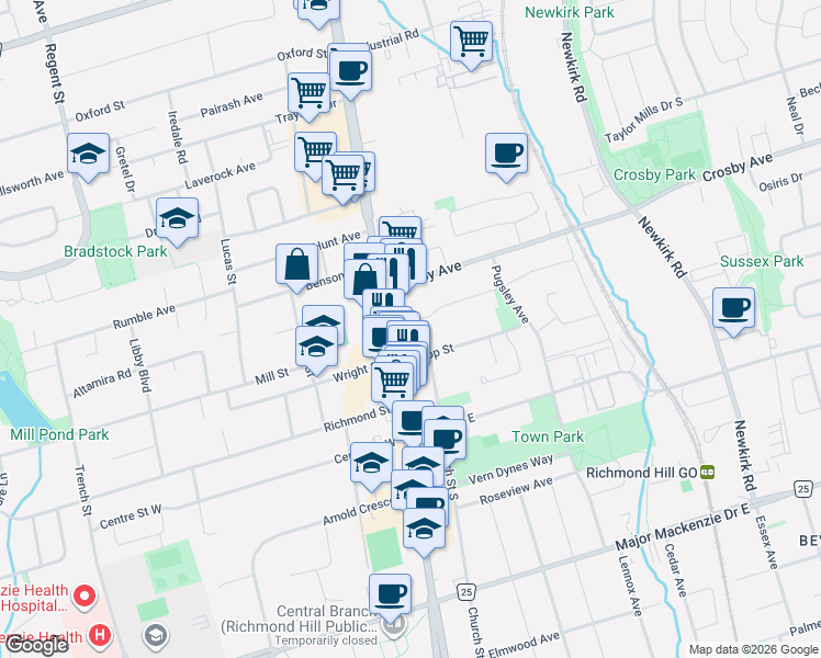map of restaurants, bars, coffee shops, grocery stores, and more near 16 Bedford Park Avenue in Richmond Hill