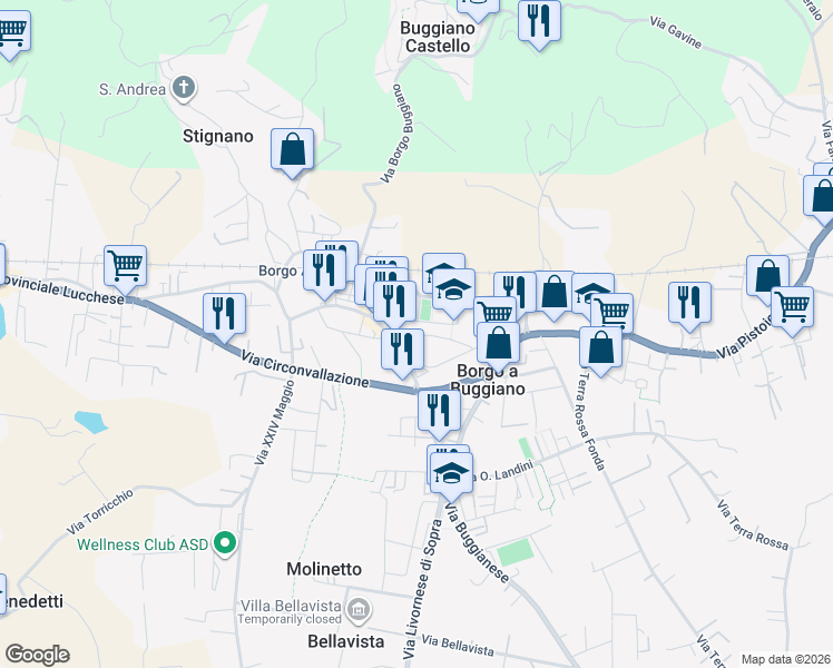 map of restaurants, bars, coffee shops, grocery stores, and more near 61 Piazza Aldo Moro in Borgo A Buggiano