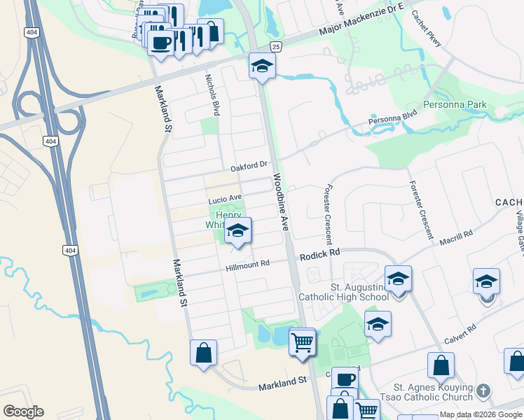 map of restaurants, bars, coffee shops, grocery stores, and more near 46 Gardenia Crescent in Markham