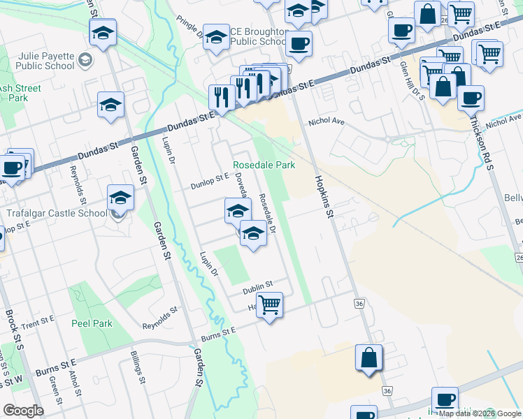 map of restaurants, bars, coffee shops, grocery stores, and more near 327 Rosedale Drive in Whitby