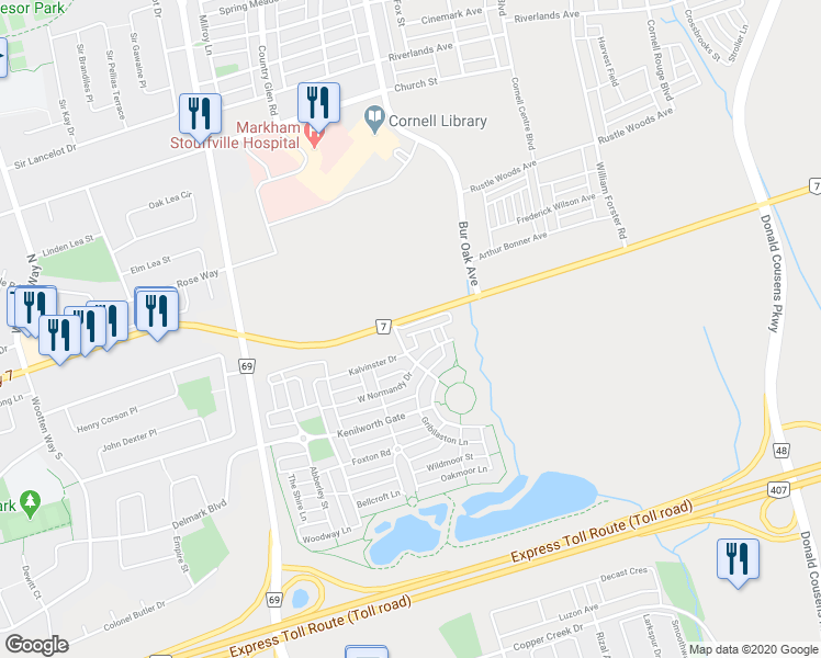 map of restaurants, bars, coffee shops, grocery stores, and more near 2201 Westmeath Lane in Markham