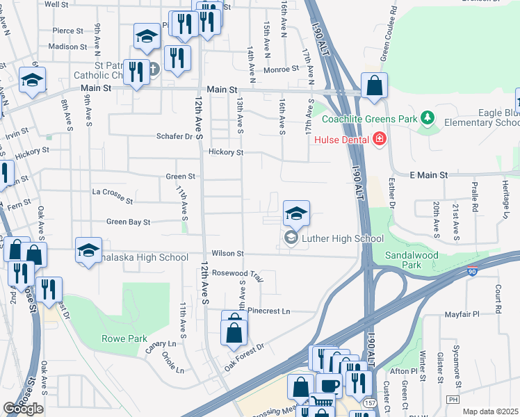 map of restaurants, bars, coffee shops, grocery stores, and more near 1301 Greenbay Street in Onalaska