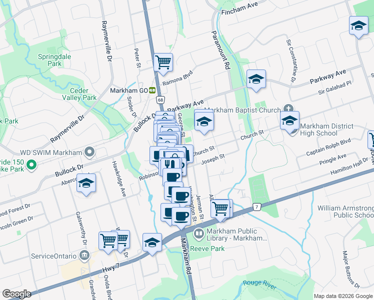 map of restaurants, bars, coffee shops, grocery stores, and more near 17 George Street in Markham