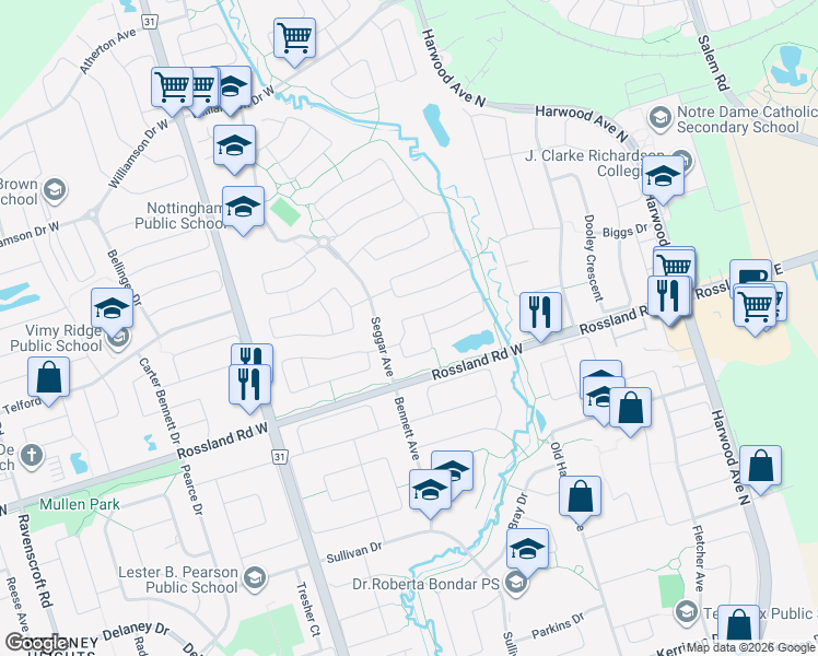 map of restaurants, bars, coffee shops, grocery stores, and more near 58 Bradbury Crescent in Ajax