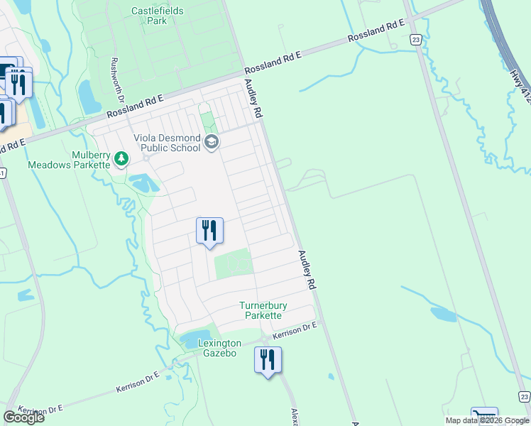 map of restaurants, bars, coffee shops, grocery stores, and more near 113 Ainley Road in Ajax