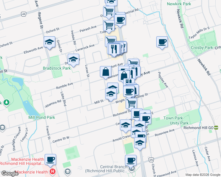 map of restaurants, bars, coffee shops, grocery stores, and more near 107 Hall Street in Richmond Hill