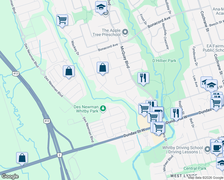 map of restaurants, bars, coffee shops, grocery stores, and more near 36 Kennett Drive in Whitby