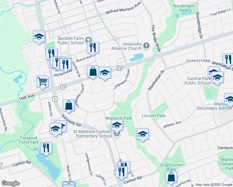 map of restaurants, bars, coffee shops, grocery stores, and more near 12 Wrenwood Court in Markham