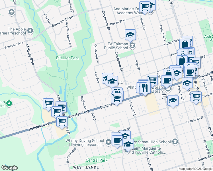 map of restaurants, bars, coffee shops, grocery stores, and more near 1100 Giffard Street in Whitby