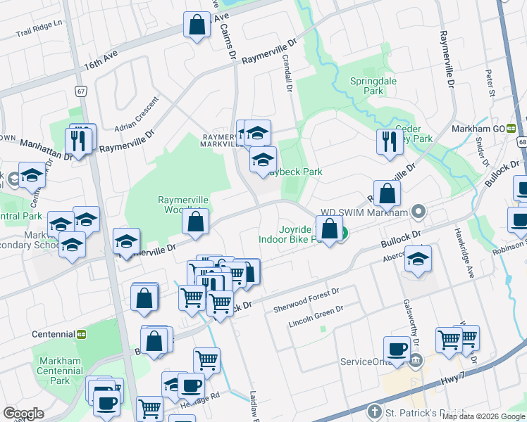 map of restaurants, bars, coffee shops, grocery stores, and more near 97 Raymerville Drive in Markham