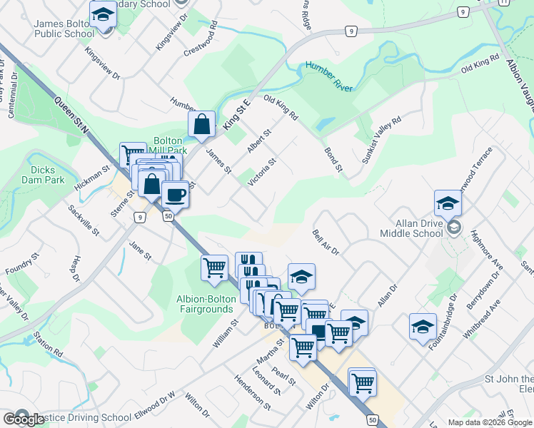 map of restaurants, bars, coffee shops, grocery stores, and more near 108 Hemlock Street in Caledon