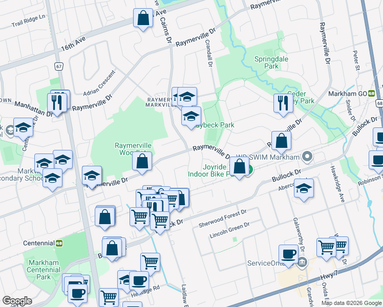 map of restaurants, bars, coffee shops, grocery stores, and more near 97 Raymerville Drive in Markham