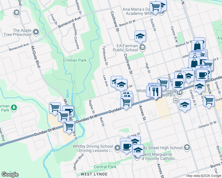map of restaurants, bars, coffee shops, grocery stores, and more near 1100 Giffard Street in Whitby