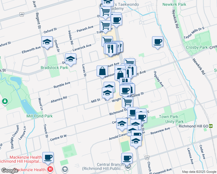 map of restaurants, bars, coffee shops, grocery stores, and more near 107 Hall Street in Richmond Hill