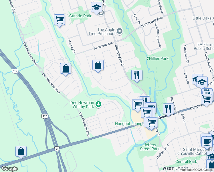 map of restaurants, bars, coffee shops, grocery stores, and more near 4 Hodgson Drive in Whitby